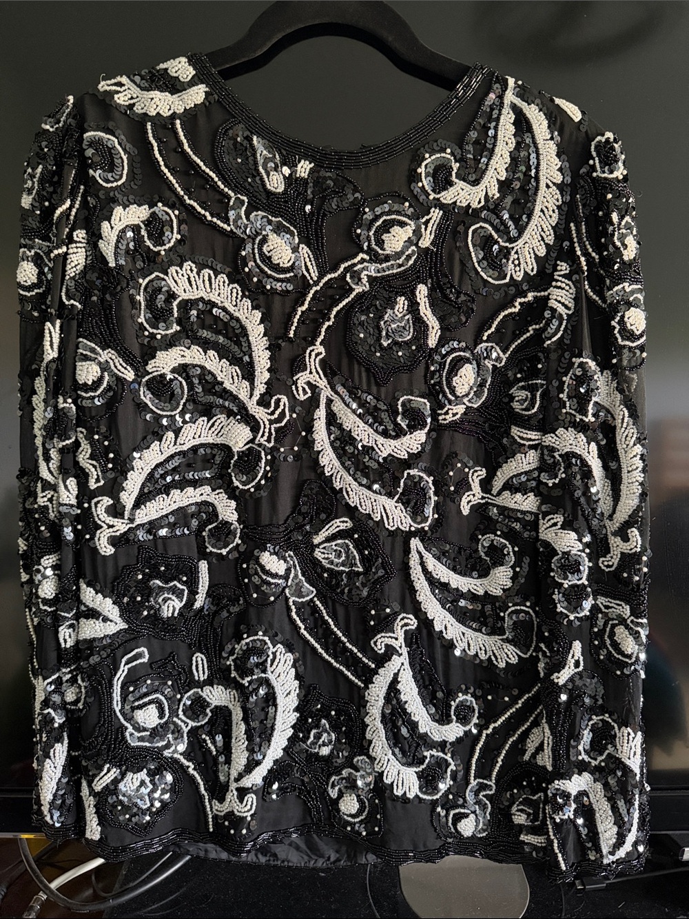 Niteline Black Long Sleeve Beaded & Sequin Top with White Embroidery